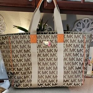 Michael Kors Tan and Orange Monogram Tote